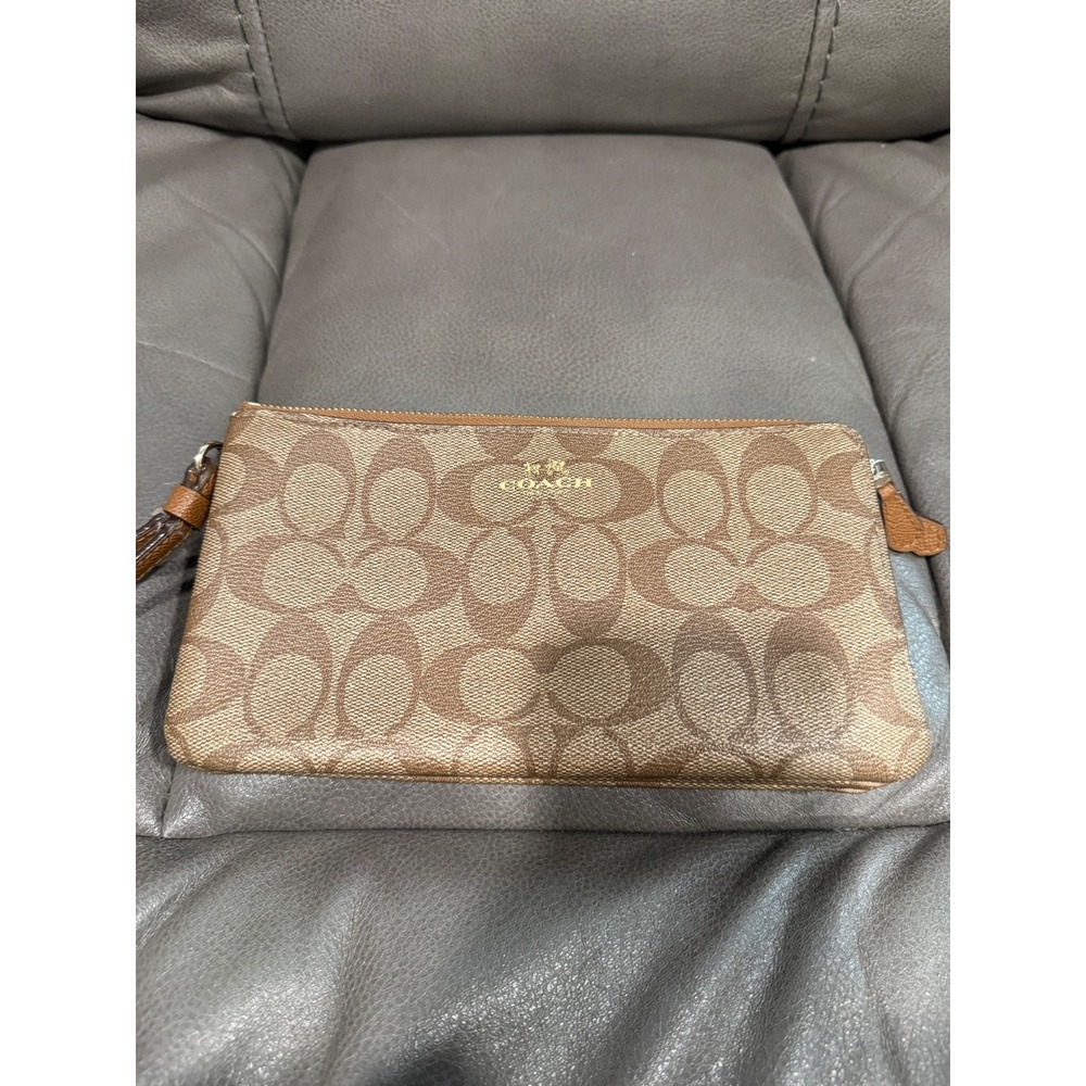 Coach Signature Coated Canvas Wristlet Khaki Saddle Brown Gold Hardware 8x5